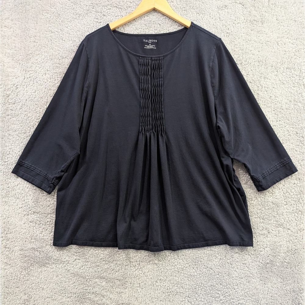 Talbots Plus Top Women's 3X Blue 3/4 Sleeve Stretch Pleat Detail Stretch Blouse